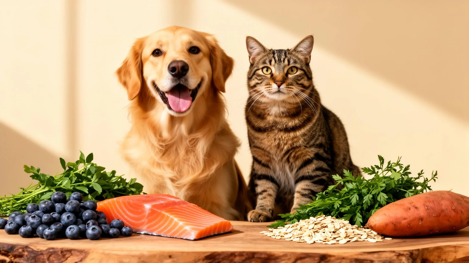 Perro y gato felices con ingredientes naturales
